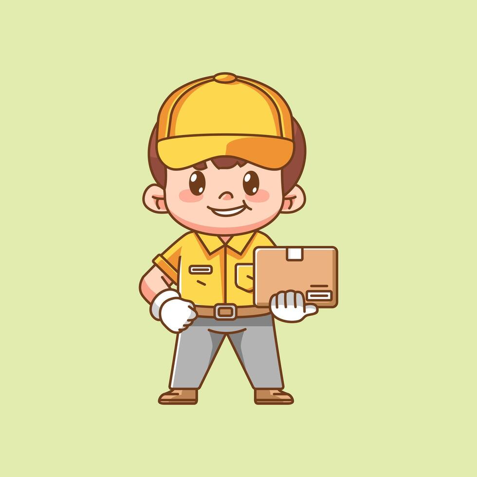 Cute male courier carry box package delivery kawaii chibi character mascot illustration outline style design vector