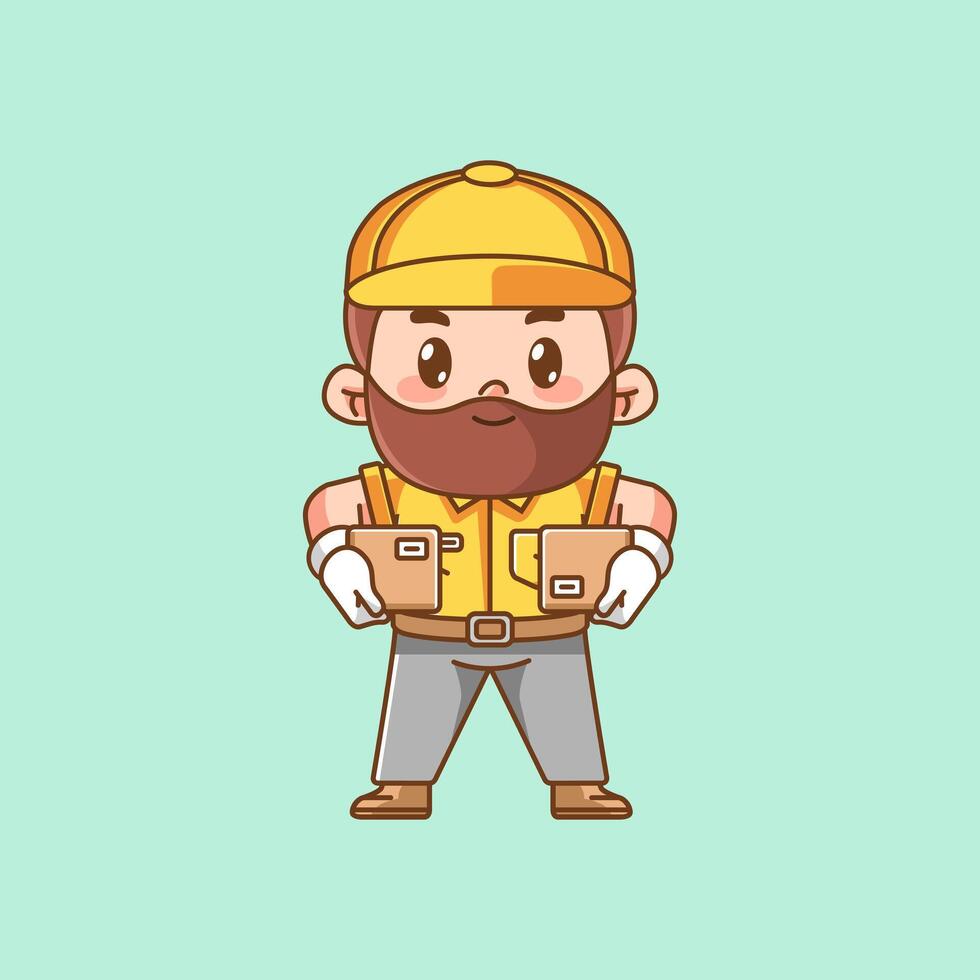 Cute beard male courier package delivery kawaii chibi character mascot illustration outline style design vector