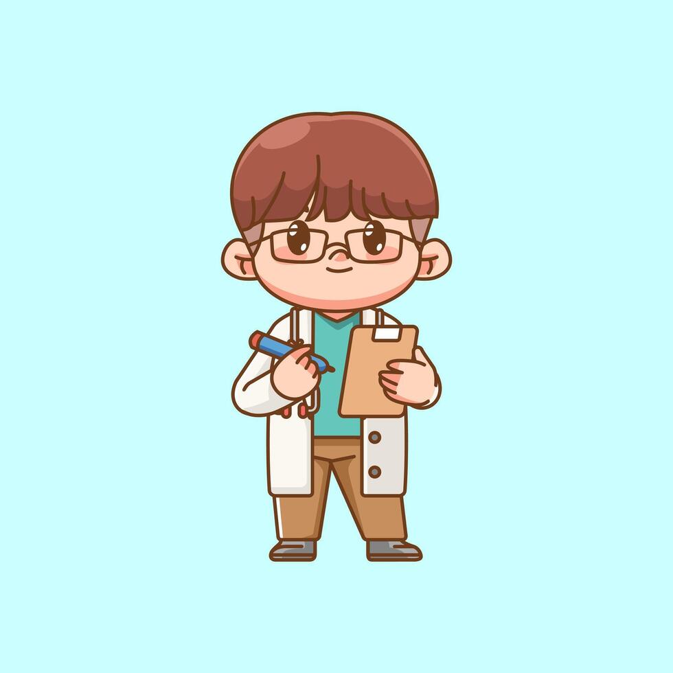 Cute doctor give recipe medical personnel character kawaii chibi character mascot illustration outline style design vector