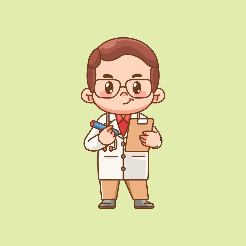 Cute doctor medical personnel takes notes character kawaii chibi character mascot illustration outline style design vector