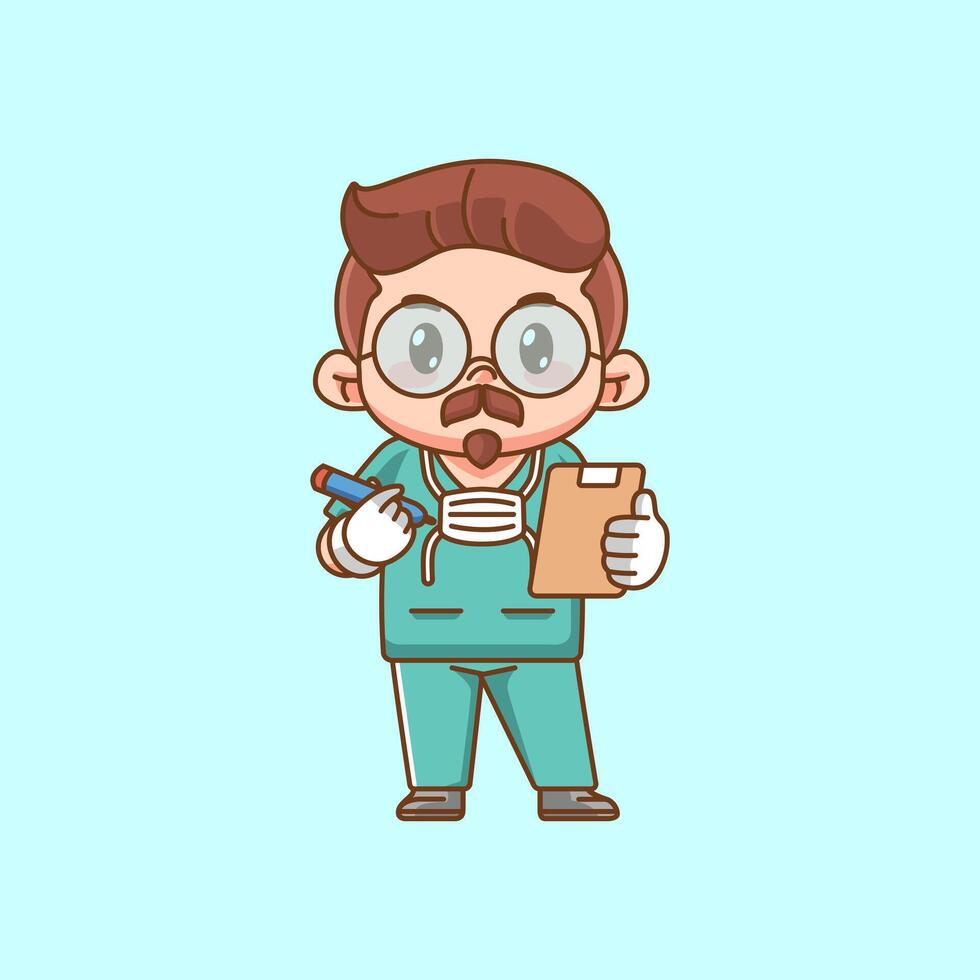 Cute doctor medical personnel take note character kawaii chibi character mascot illustration outline style design vector