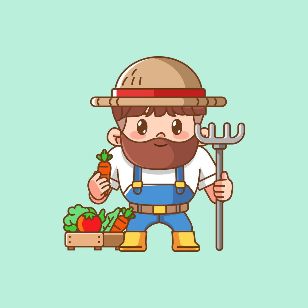 Cute farmers harvest carrot and vegetables kawaii chibi character mascot illustration outline style design vector