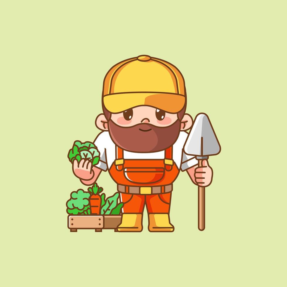 Cute farmers harvest cabbage kawaii chibi character mascot illustration outline style design vector
