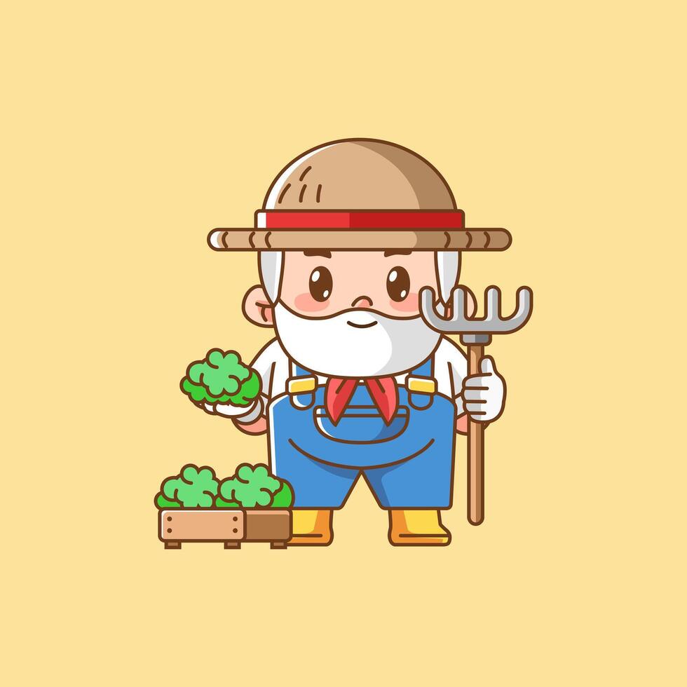 Cute farmers harvest lettuce vegetables kawaii chibi character mascot illustration outline style design vector