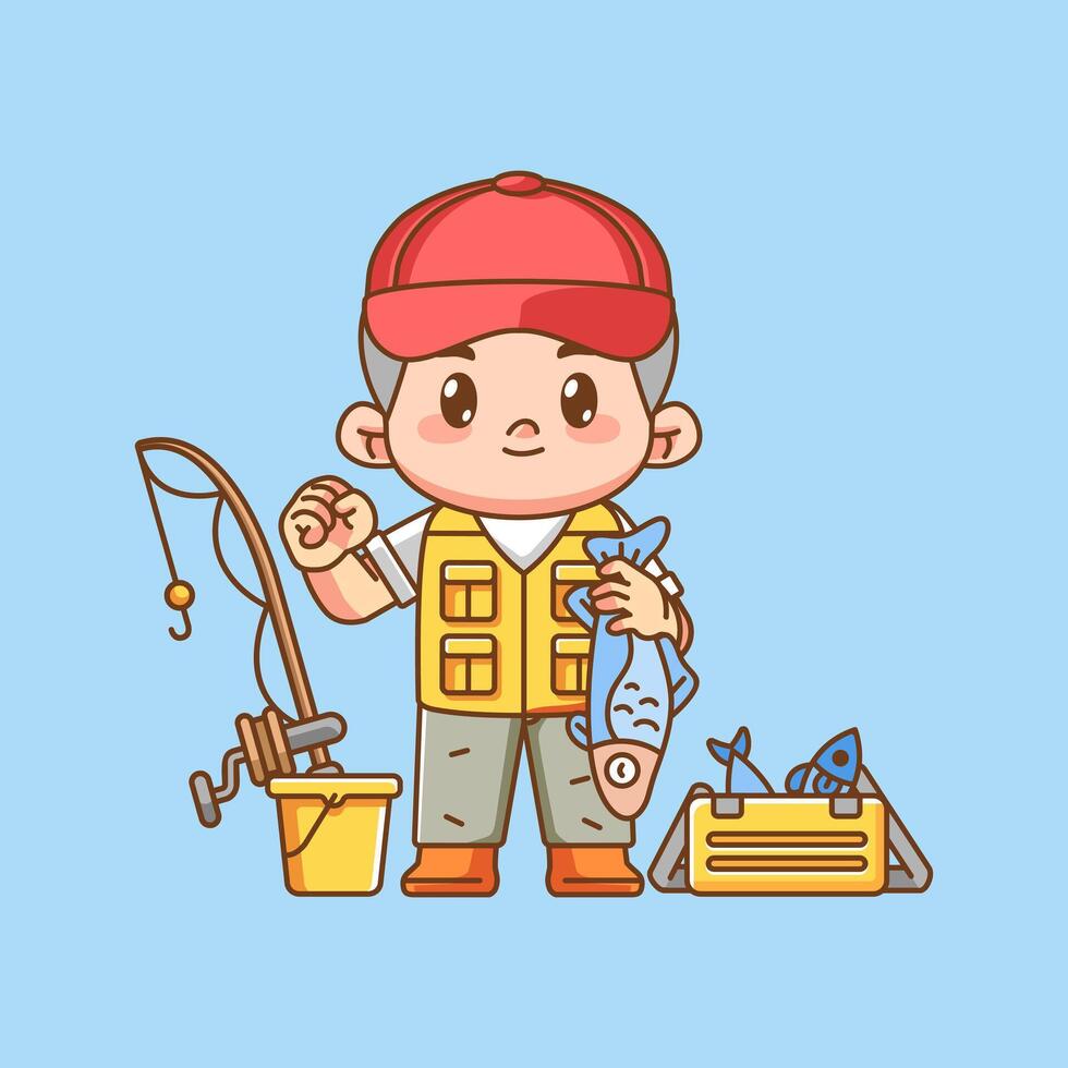 Cute fisher fishing cheer kawaii chibi character mascot illustration outline style design vector