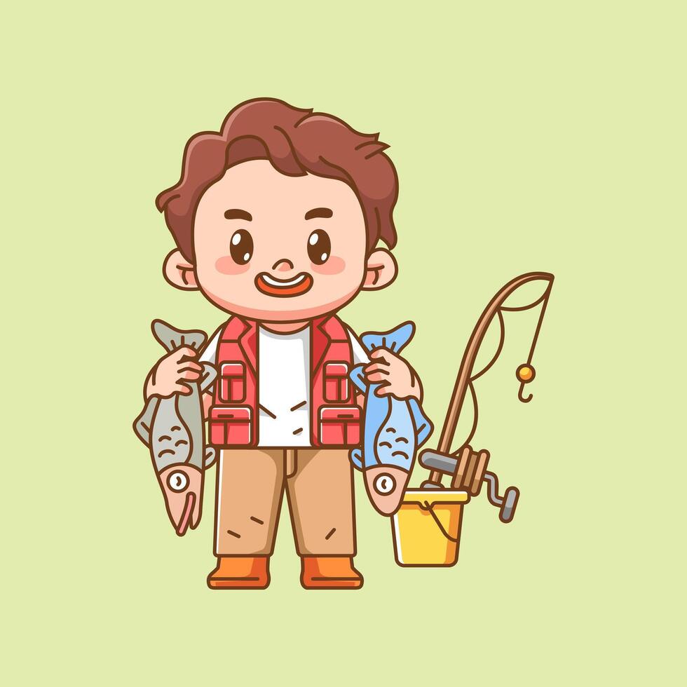 Cute fisher fishing two fish kawaii chibi character mascot illustration outline style design vector