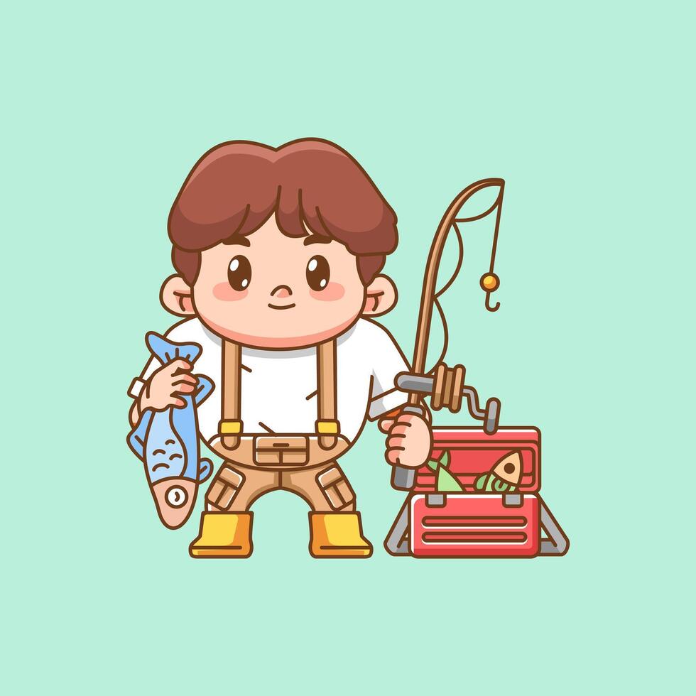 Cute fisher fishing fish kawaii chibi character mascot illustration outline style design vector