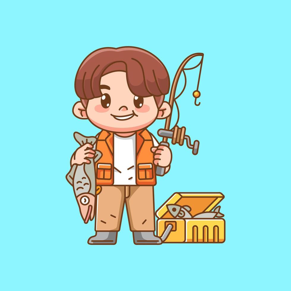 Cute happy fisher fishing kawaii chibi character mascot illustration outline style design vector
