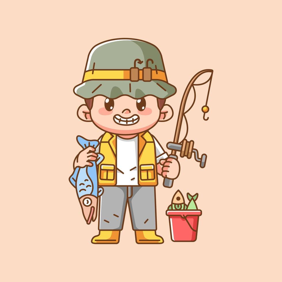 Cute grin fisher fishing kawaii chibi character mascot illustration outline style design vector