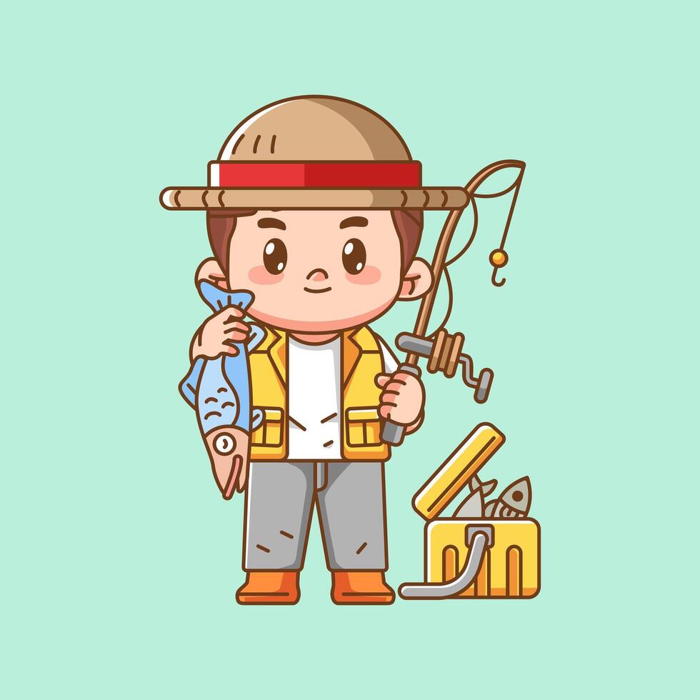 Cute fisher show fishing kawaii chibi character mascot illustration outline style design vector