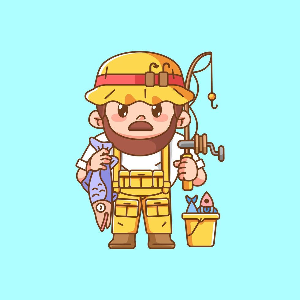 Cute uncle fisher fishing kawaii chibi character mascot illustration outline style design vector