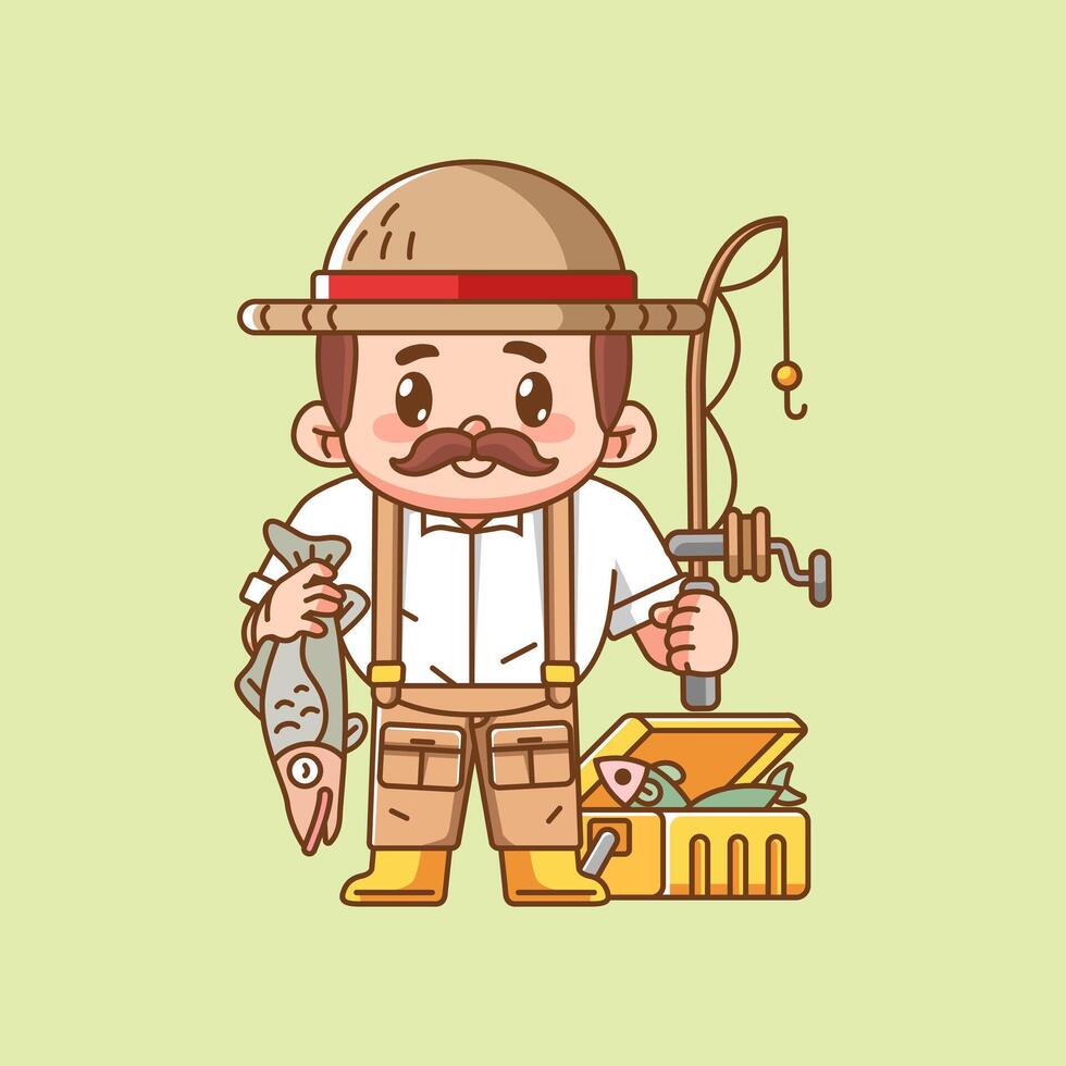 Cute moustache fisher fishing kawaii chibi character mascot illustration outline style design vector
