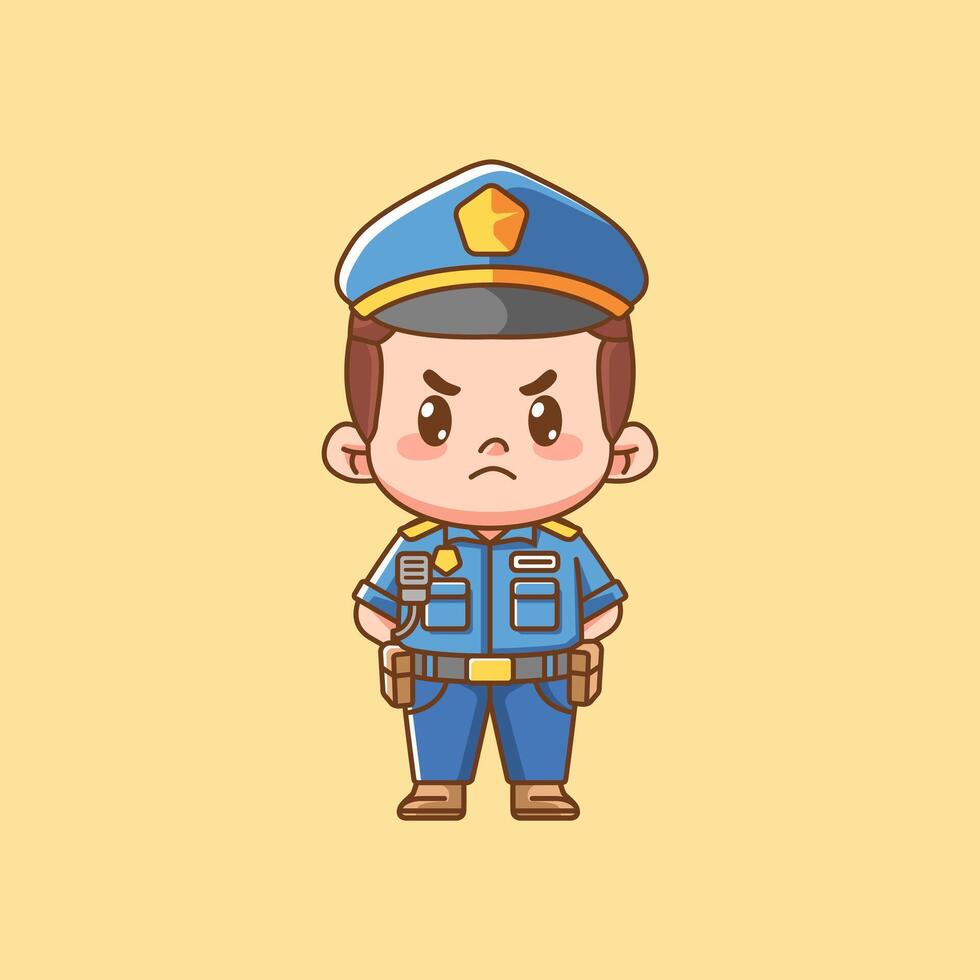 Cute serious police officer uniform kawaii chibi character mascot illustration outline style design vector