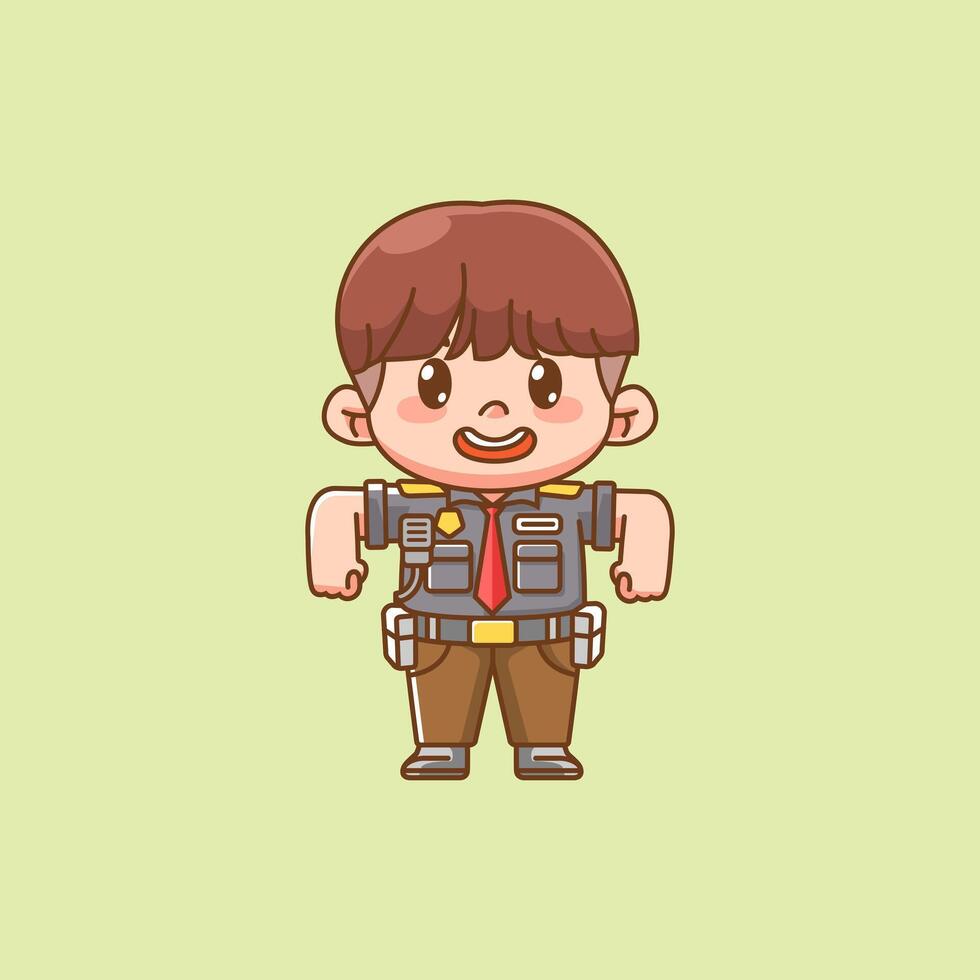 Cute fun police officer uniform kawaii chibi character mascot illustration outline style design vector