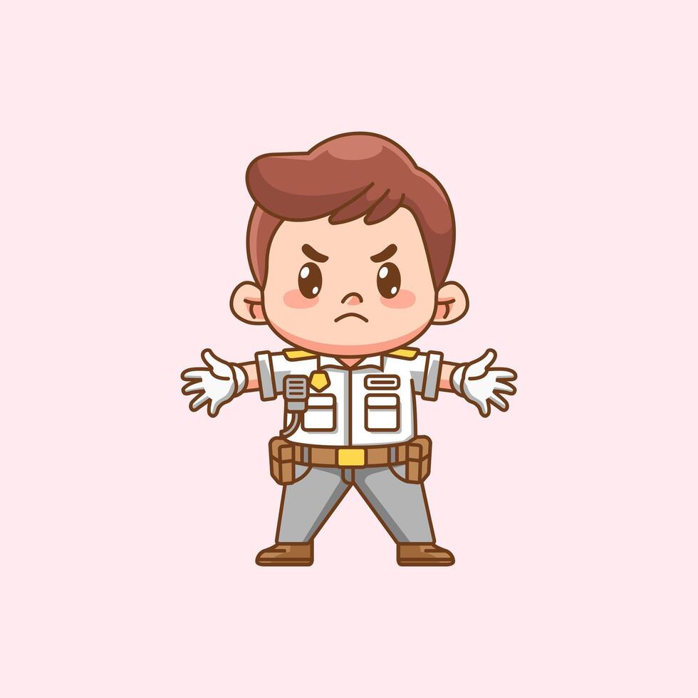 Cute police officer spread arms uniform kawaii chibi character mascot illustration outline style design vector