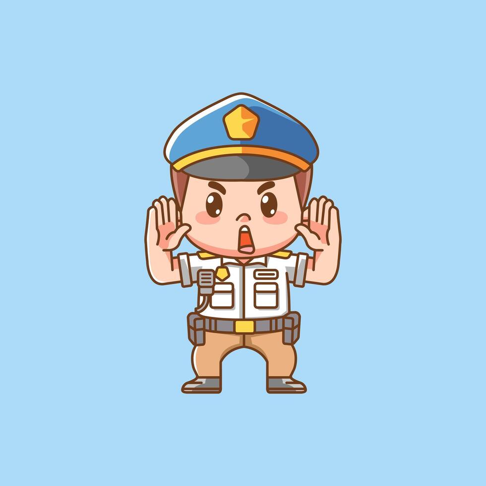 Cute police officer uniform hands up kawaii chibi character mascot illustration outline style design vector