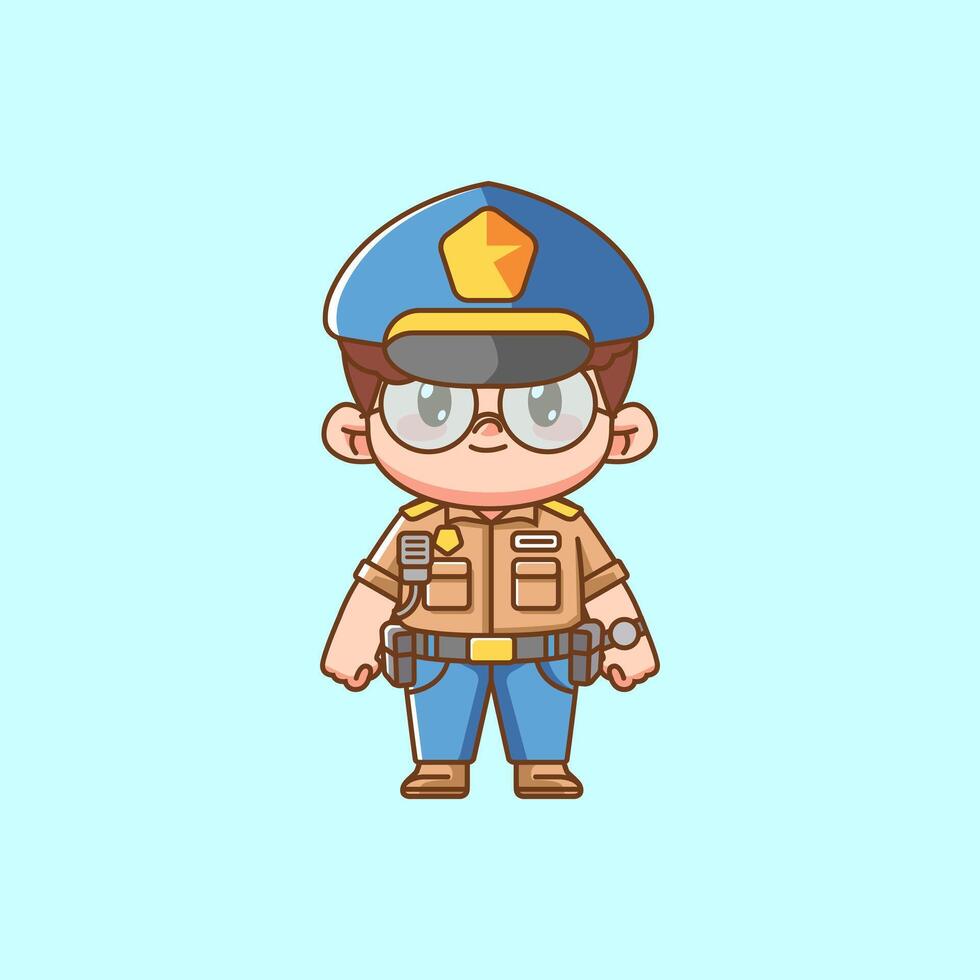Cute police officer uniform kawaii chibi character mascot illustration outline style design vector