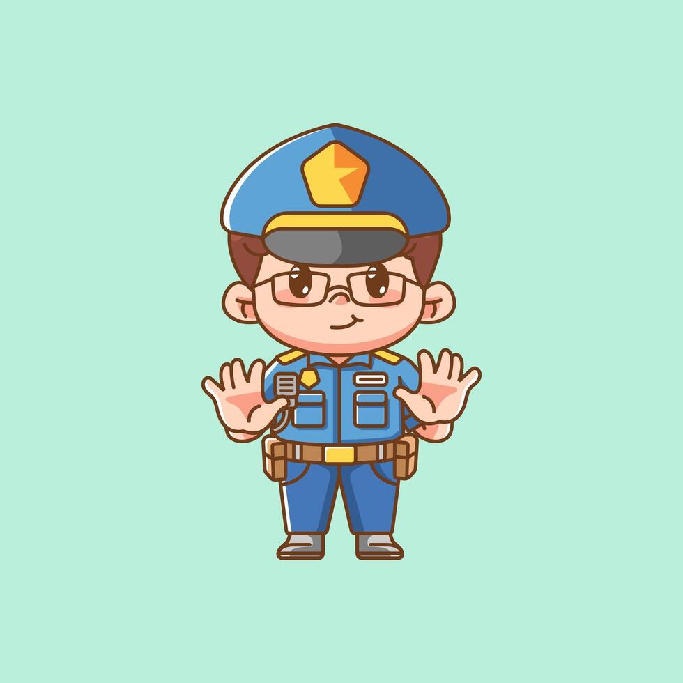 Cute police officer uniform show hands kawaii chibi character mascot illustration outline style design vector