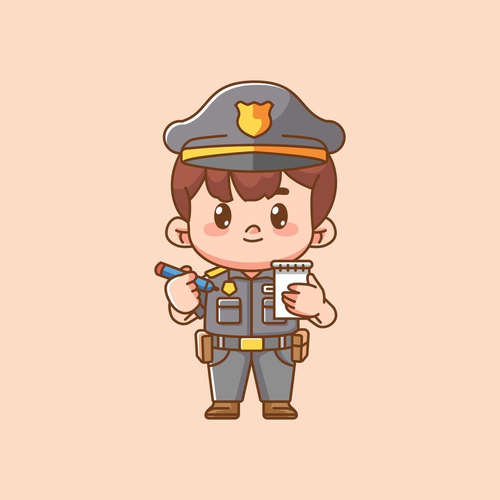 Cute police officer uniform takes notes kawaii chibi character mascot illustration outline style design vector
