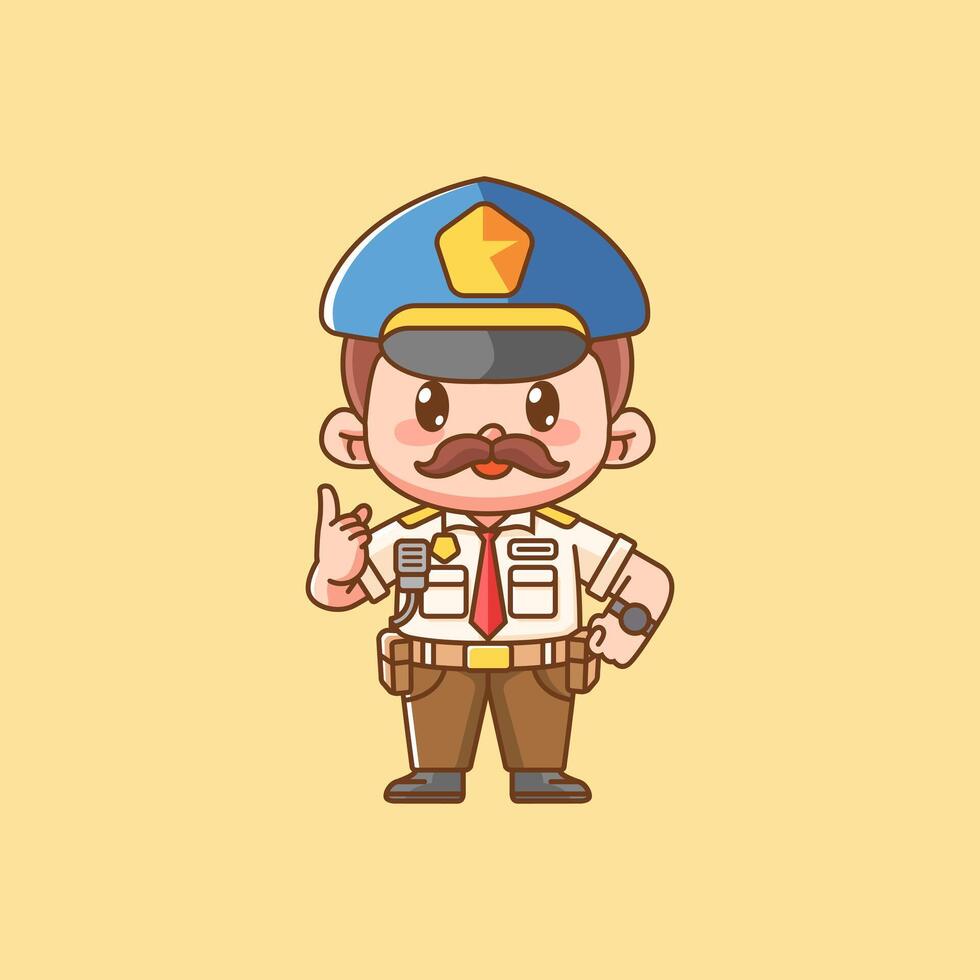 Cute police officer uniform pointing kawaii chibi character mascot illustration outline style design vector