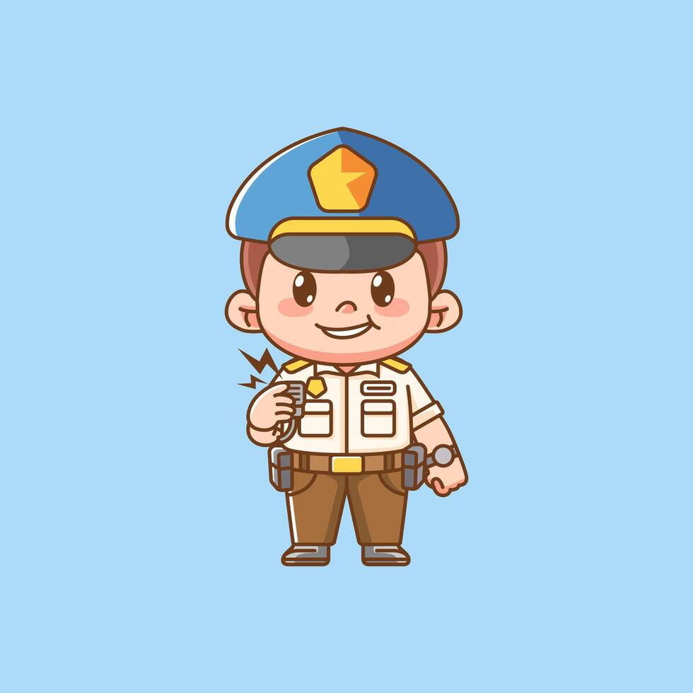 Cute police officer uniform takes call kawaii chibi character mascot illustration outline style design vector