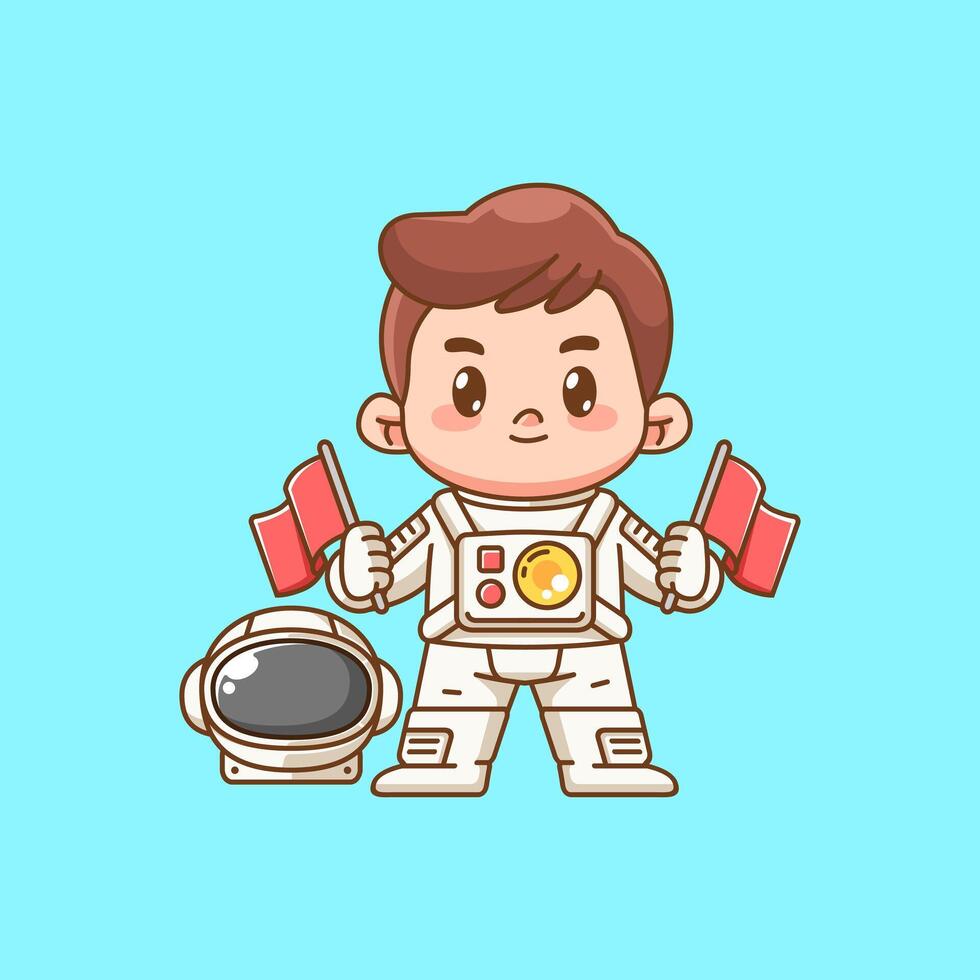 Cute astronaut boy hold flag kawaii chibi character mascot illustration outline style vector