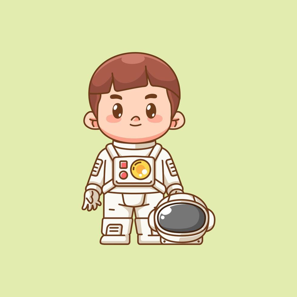 Cute astronaut boy stand kawaii chibi character mascot illustration outline style design vector