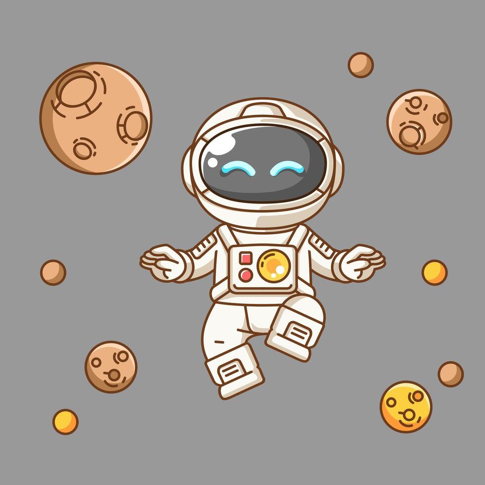 Cute astronaut flying in space kawaii chibi character mascot illustration outline style vector