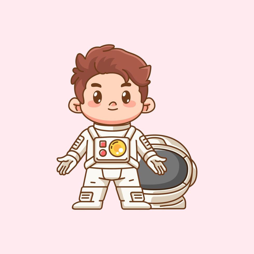 Cute astronaut boy kawaii chibi character mascot illustration outline style design vector
