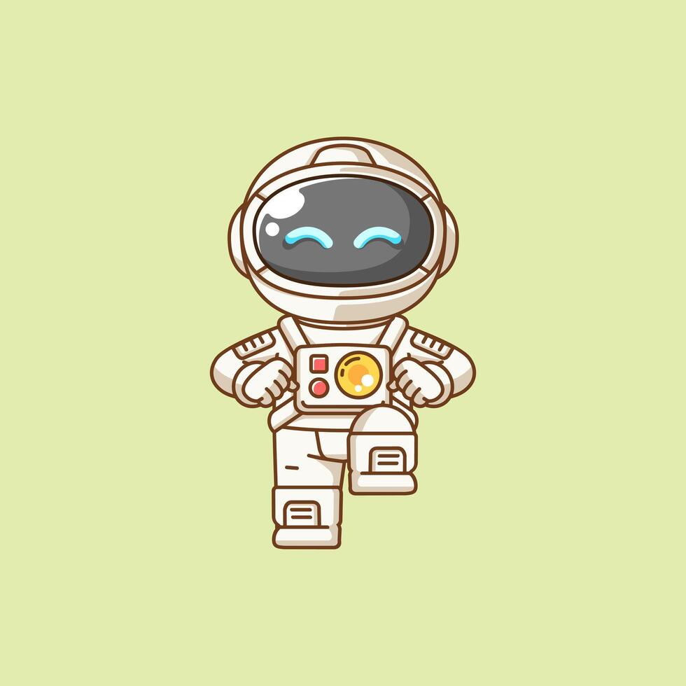 Cute astronaut happy dance kawaii chibi character mascot illustration outline style vector