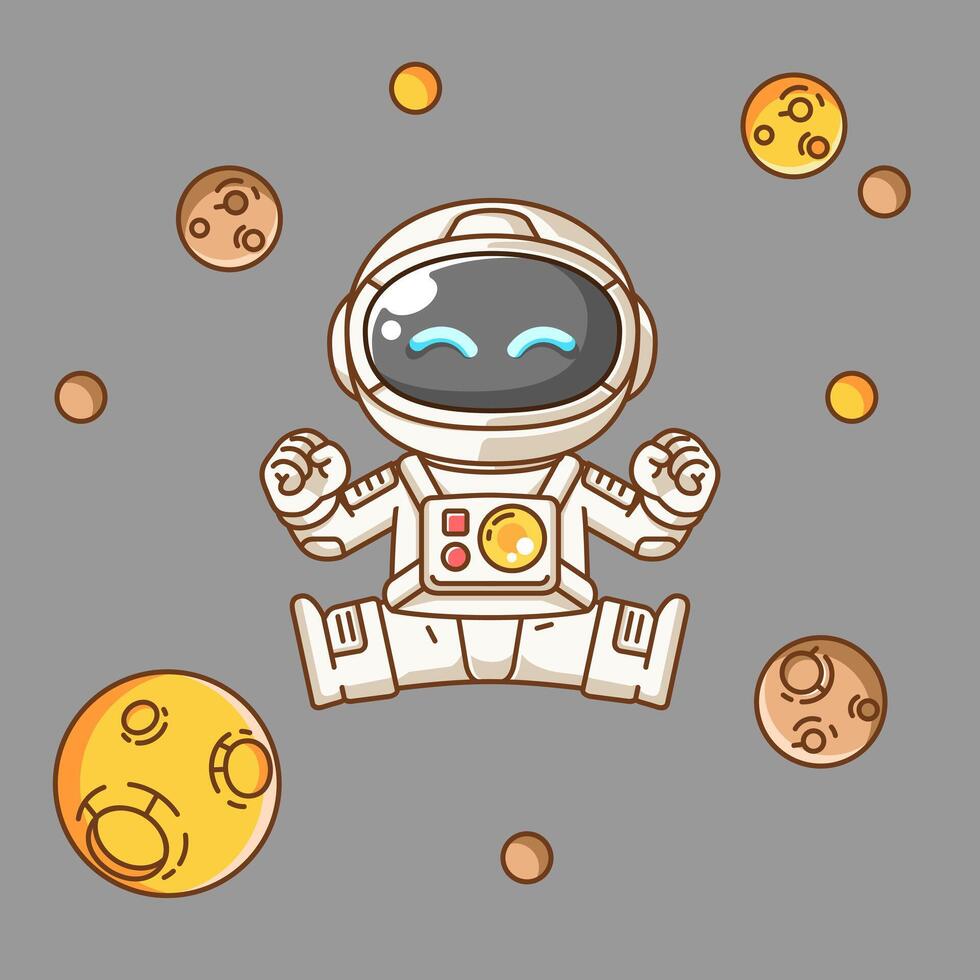 Cute astronaut happy flying in space kawaii chibi character mascot illustration outline style vector