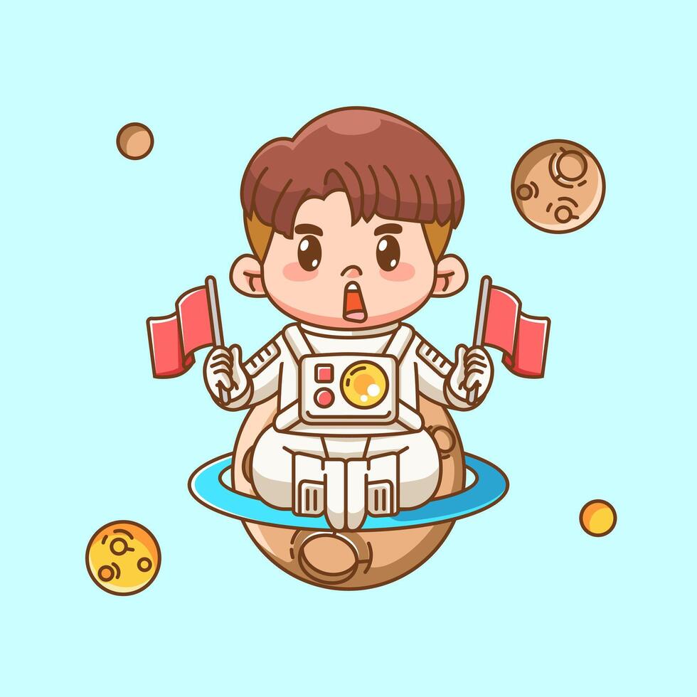 Cute boy astronaut hold flag kawaii chibi character sit on planet mascot illustration outline style vector