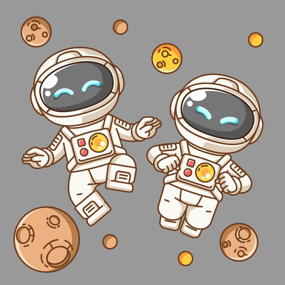 Two Cute astronaut happy flying in space kawaii chibi character mascot illustration outline style vector