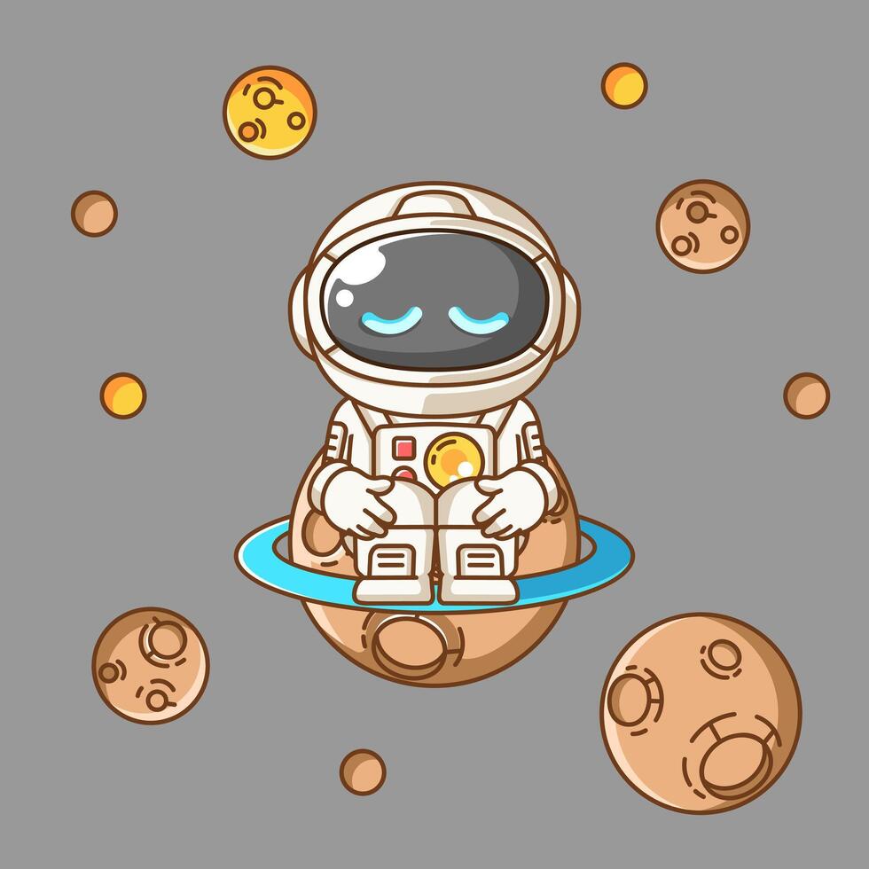 Cute astronaut sad kawaii chibi character mascot illustration outline style design vector