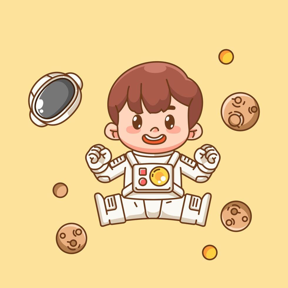 Cute boy astronaut happy flying in space kawaii chibi character mascot illustration outline style vector
