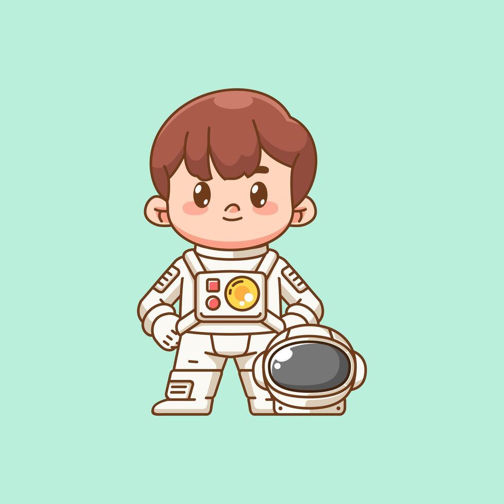 Cute boy astronaut pose kawaii chibi character mascot illustration outline style vector