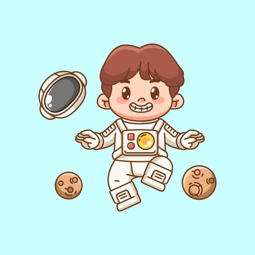 Cute boy astronaut flying in space kawaii chibi character mascot illustration outline style vector