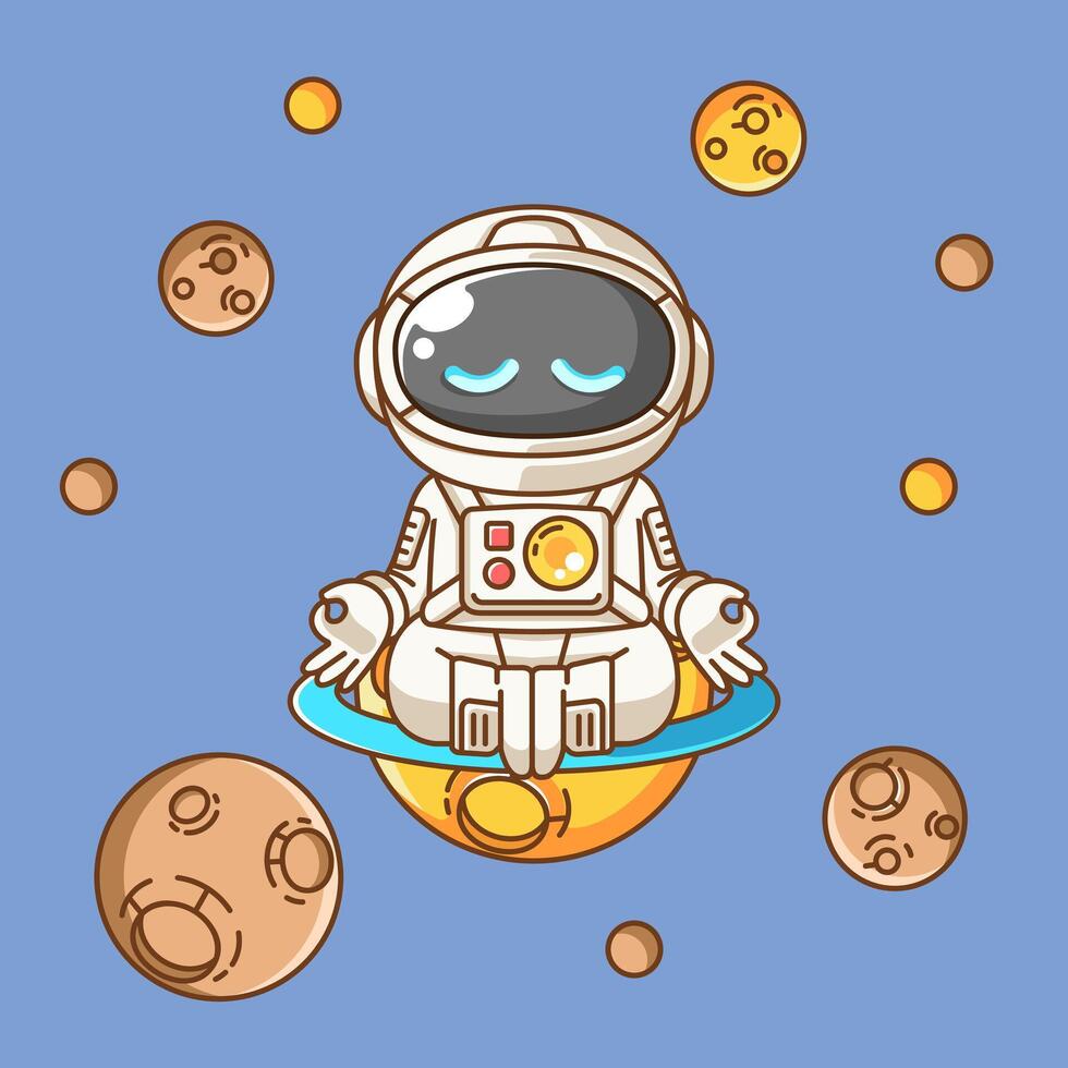 Cute astronaut yoga meditation kawaii chibi character mascot illustration outline style vector