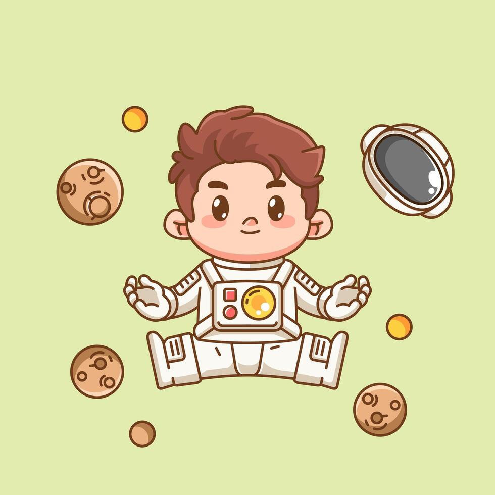 Cute boy astronaut in space kawaii chibi character mascot illustration outline style vector