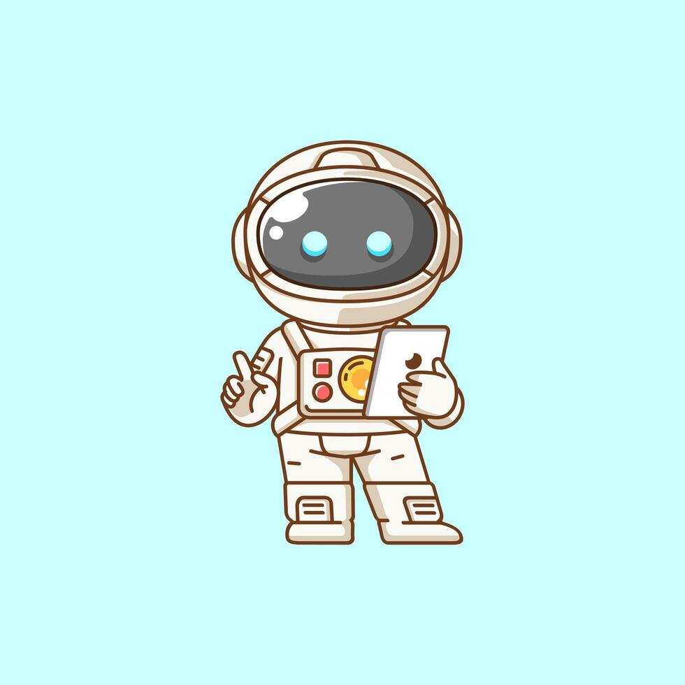 Cute astronaut with tablet kawaii chibi character mascot illustration outline style vector