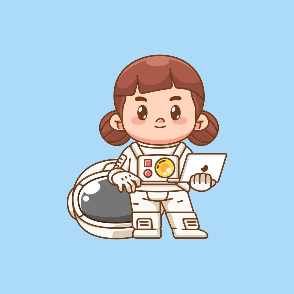 Cute girl astronaut with laptop kawaii chibi character mascot illustration outline style vector