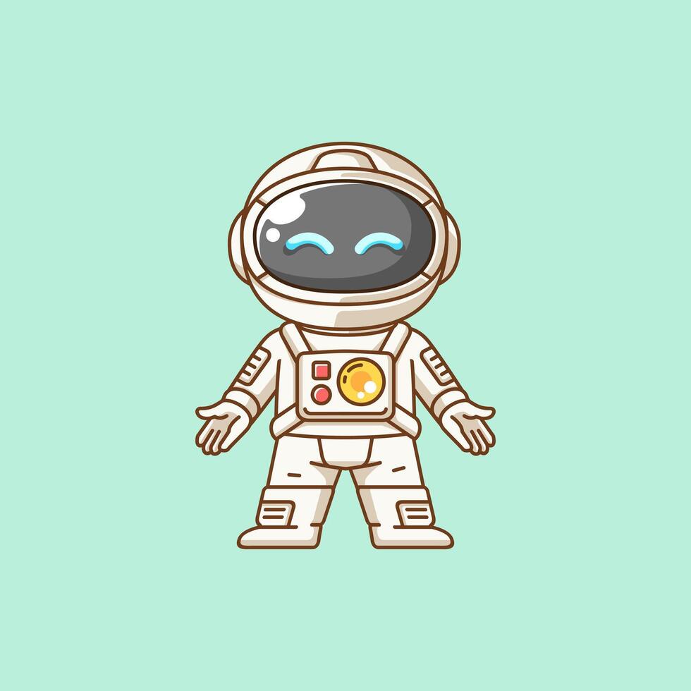 Cute astronaut welcome gesture kawaii chibi character mascot illustration outline style design vector