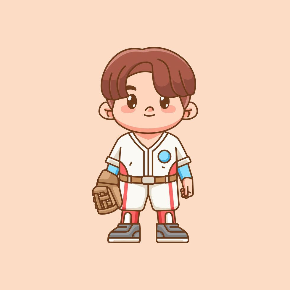 Cute Baseball player with glove kawaii chibi character mascot illustration outline style design vector