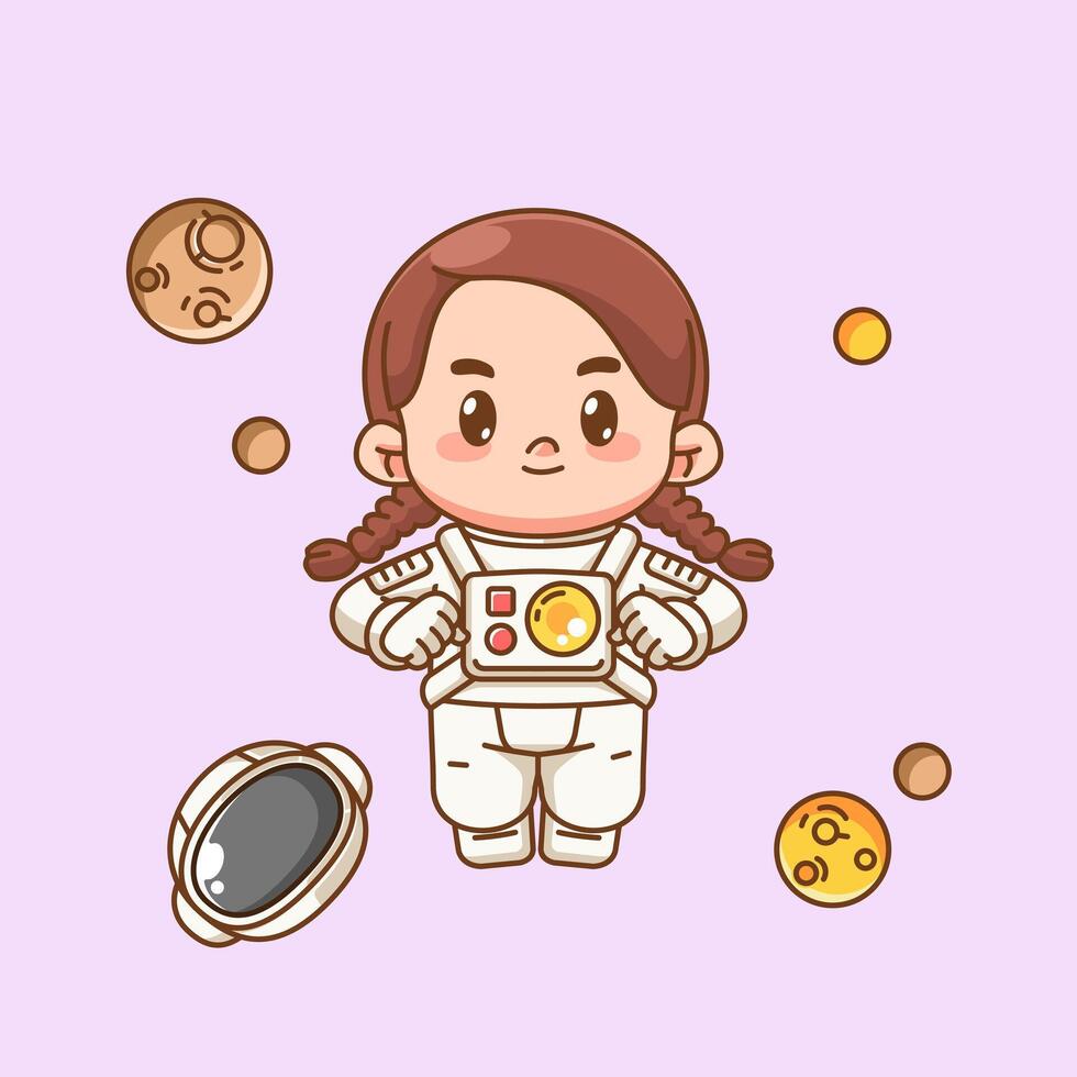 Cute girl astronaut dance in space kawaii chibi character mascot illustration outline style vector