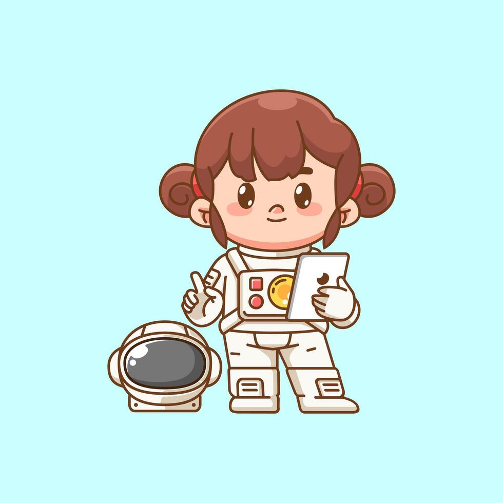 Cute girl astronaut with tablet kawaii chibi character mascot illustration outline style vector
