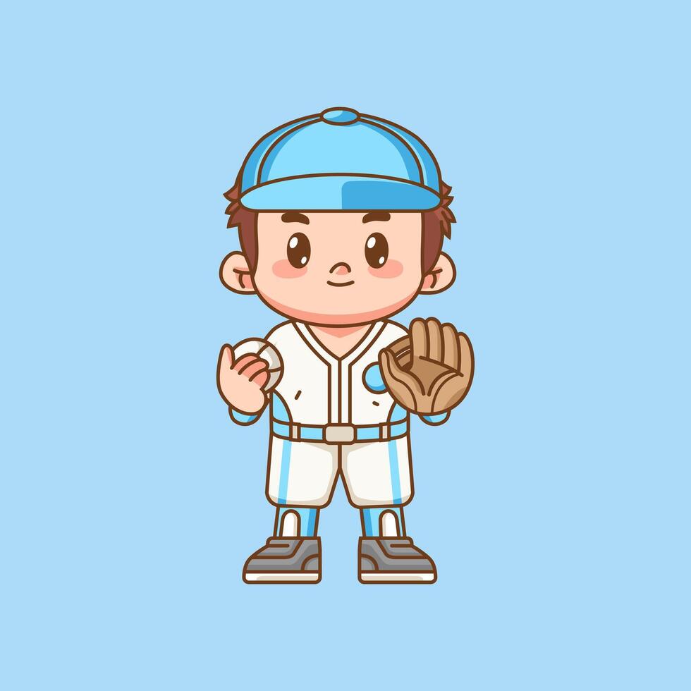 Cute Baseball player catch ball kawaii chibi character mascot illustration outline style design vector