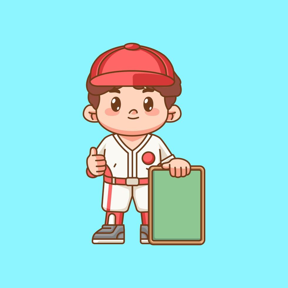Cute Baseball player with blank board kawaii chibi character mascot illustration outline style design vector