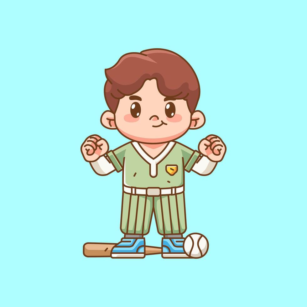 Cute Baseball player cheer win kawaii chibi character mascot illustration outline style design vector