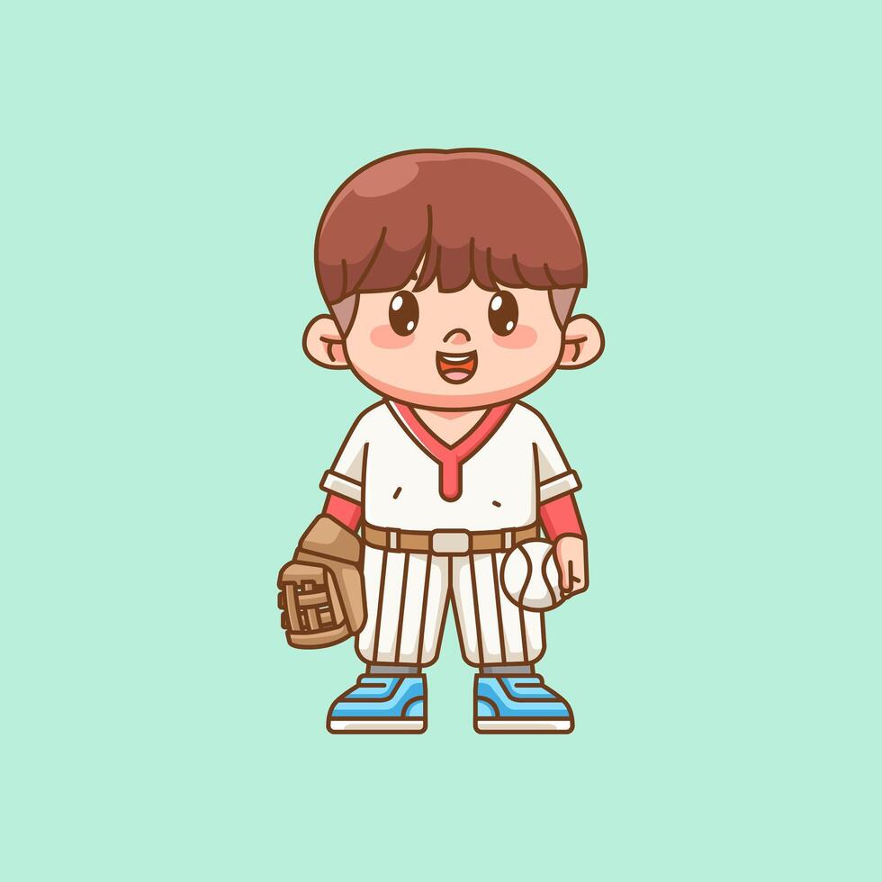 Cute Baseball player with glove and ball kawaii chibi character mascot illustration outline style design vector