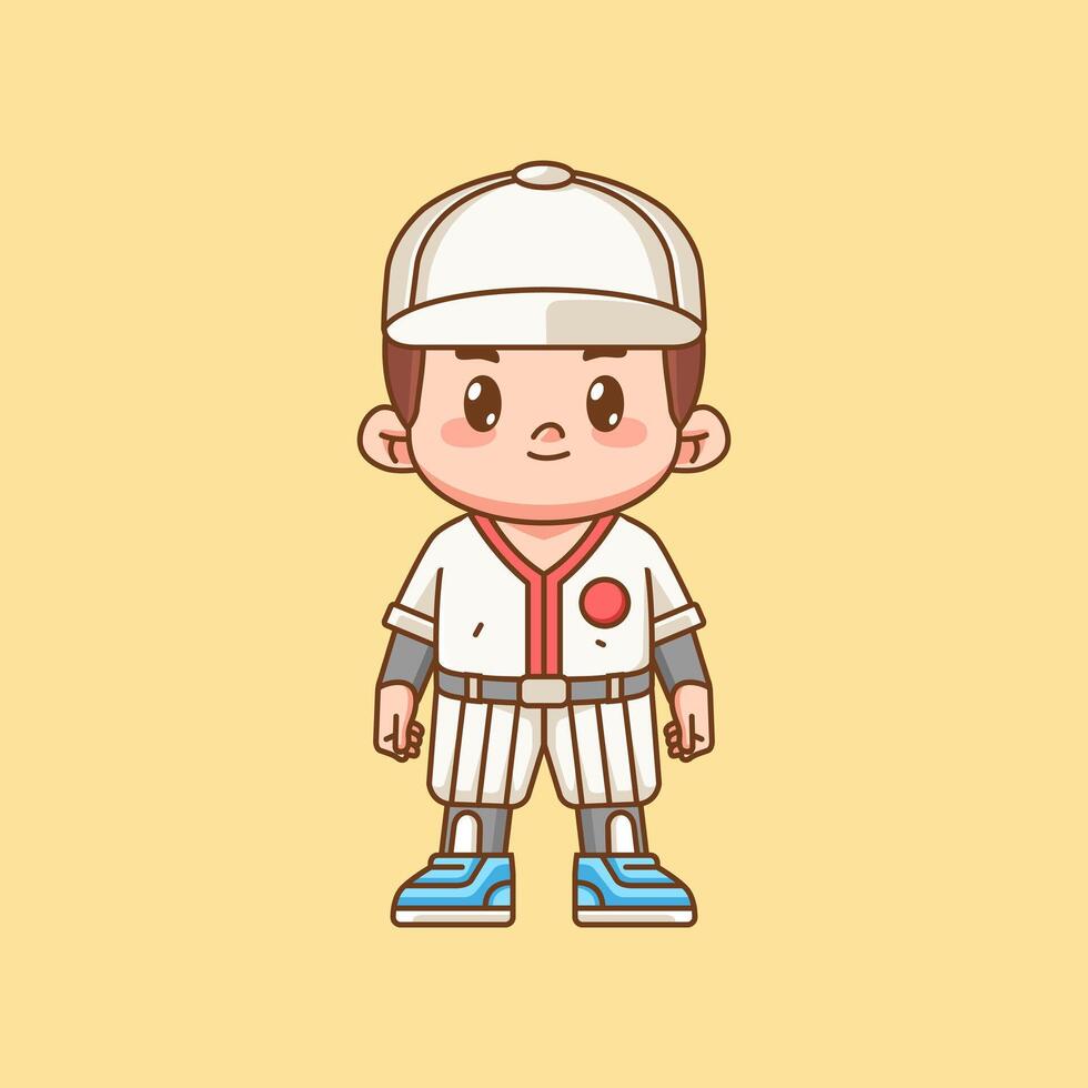 Cute Baseball player kawaii chibi character mascot illustration outline style design vector